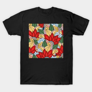 Doodle Pattern with Floral Motifs T-Shirt